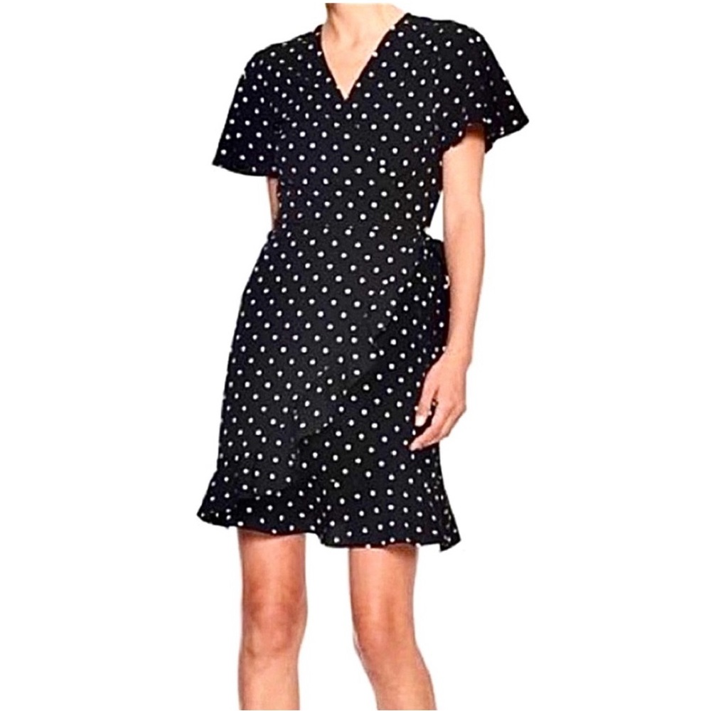 Banana Republic Black mini wrap dress with white polka dots